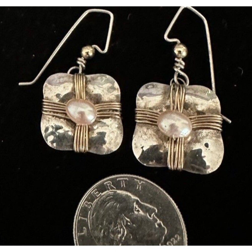 Modernist Boho Sterling Gold Wire Wrap Pearl  Earrings Michele Delong Signed